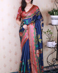 Dark Blue Soft Tussar Silk Pichwai Traditional Printed Zari Woven Saree