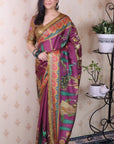 Wine Soft Tussar Silk Pichwai Traditional Printed Zari Woven Saree