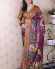 Wine Soft Tussar Silk Pichwai Traditional Printed Zari Woven Saree