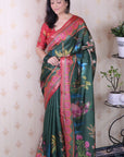 Bottle Green Soft Tussar Silk Pichwai Traditional Printed Zari Woven Saree