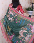 Bottle Green Soft Tussar Silk Pichwai Traditional Printed Zari Woven Saree