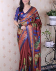 Brown Soft Tussar Silk Pichwai Traditional Printed Zari Woven Saree