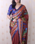 Brown Soft Tussar Silk Pichwai Traditional Printed Zari Woven Saree