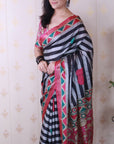 Grey Soft Tussar Silk Striped Traditional Printed Zari Woven Saree