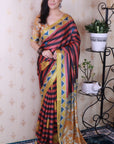 Red Soft Tussar Silk Striped Traditional Printed Zari Woven Saree