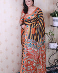 Orange Soft Tussar Silk Striped Traditional Printed Zari Woven Saree
