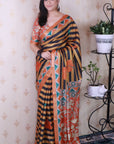 Orange Soft Tussar Silk Striped Traditional Printed Zari Woven Saree