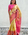 Yellow Kanjivaram Soft Tissue Silk Leheriya Traditional Zari Woven Saree