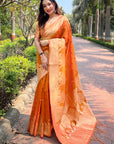 Orange Organza Floral Rainbow Zari Woven Unique Saree with Unstitched Blouse