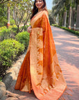 Orange Organza Floral Rainbow Zari Woven Unique Saree with Unstitched Blouse