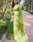 Parrot Green Organza Floral Rainbow Zari Woven Unique Saree with Unstitched Blouse