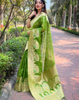 Parrot Green Organza Floral Rainbow Zari Woven Unique Saree with Unstitched Blouse