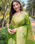 Parrot Green Organza Floral Rainbow Zari Woven Unique Saree with Unstitched Blouse