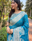 Blue Organza Floral Rainbow Zari Woven Unique Saree with Unstitched Blouse