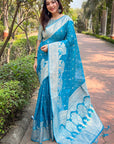 Blue Organza Floral Rainbow Zari Woven Unique Saree with Unstitched Blouse