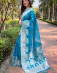 Blue Organza Floral Rainbow Zari Woven Unique Saree with Unstitched Blouse