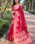 Pink Organza Floral Rainbow Zari Woven Unique Saree with Unstitched Blouse