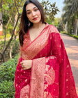 Pink Organza Floral Rainbow Zari Woven Unique Saree with Unstitched Blouse