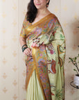 Yellow Tussar Silk Pattachitra Traditional Printed Zari Woven Saree