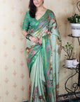 Sea Green Tussar Silk Pattachitra Traditional Printed Zari Woven Saree