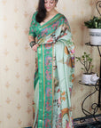 Sea Green Tussar Silk Pattachitra Traditional Printed Zari Woven Saree