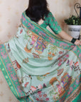 Sea Green Tussar Silk Pattachitra Traditional Printed Zari Woven Saree