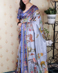 Blue Tussar Silk Pattachitra Traditional Printed Zari Woven Saree