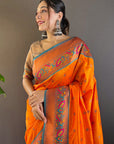 Orange Original Maharashtrian Meenakari Yeola Paithani Silk Zari Woven Saree