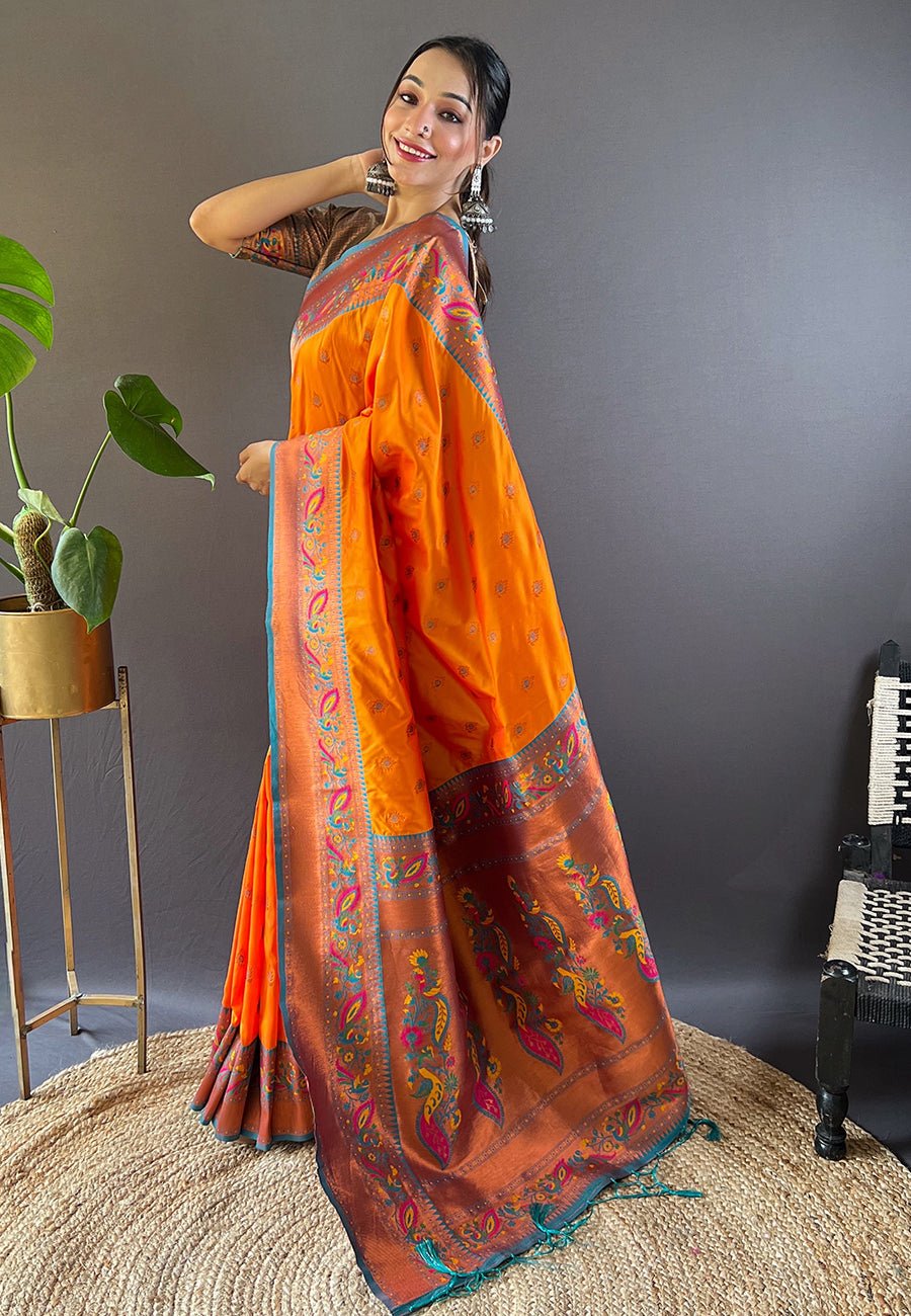 Orange Original Maharashtrian Meenakari Yeola Paithani Silk Zari Woven Saree