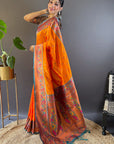 Orange Original Maharashtrian Meenakari Yeola Paithani Silk Zari Woven Saree