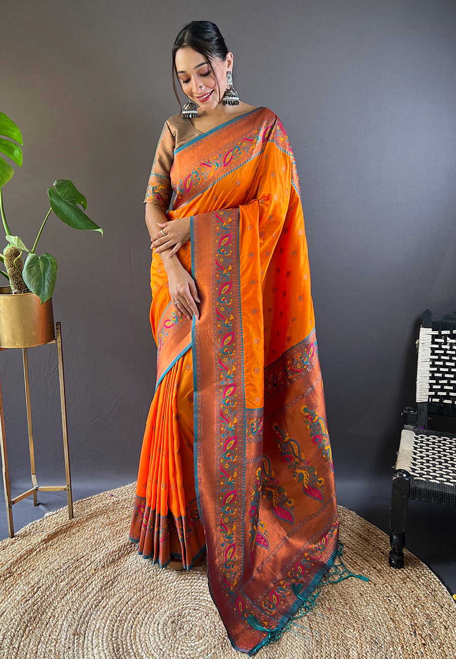 Orange Original Maharashtrian Meenakari Yeola Paithani Silk Zari Woven Saree