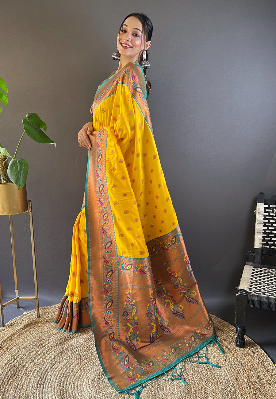 Yellow Original Maharashtrian Meenakari Yeola Paithani Silk Zari Woven Saree