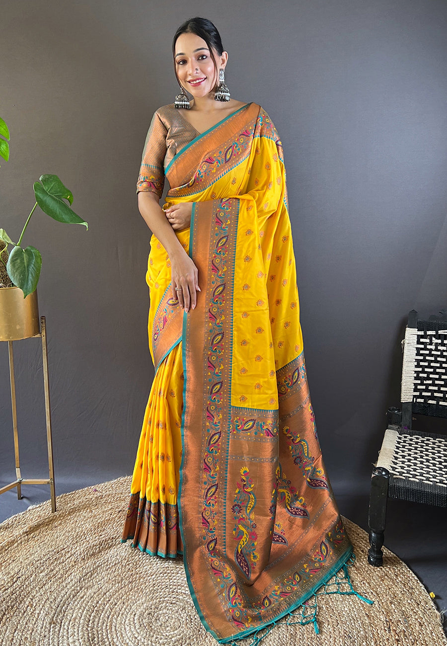 Yellow Original Maharashtrian Meenakari Yeola Paithani Silk Zari Woven Saree