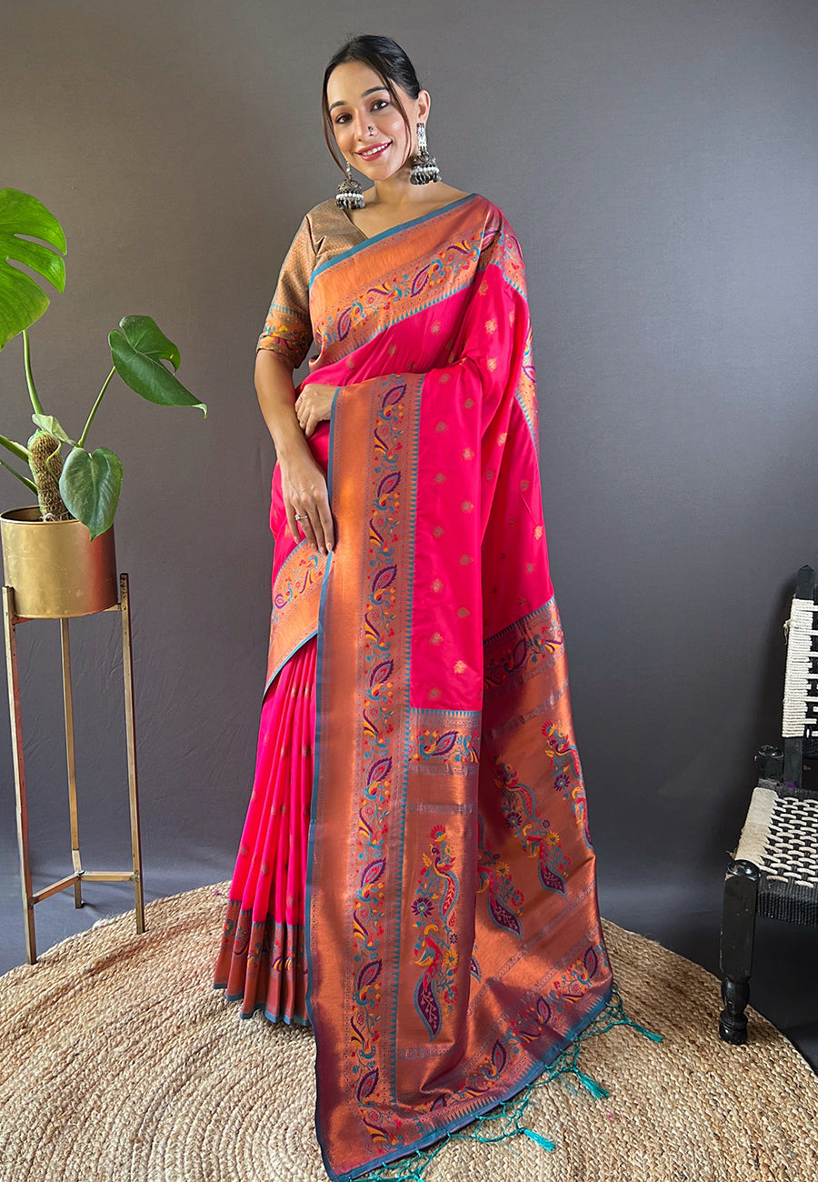 Pink Original Maharashtrian Meenakari Yeola Paithani Silk Zari Woven Saree