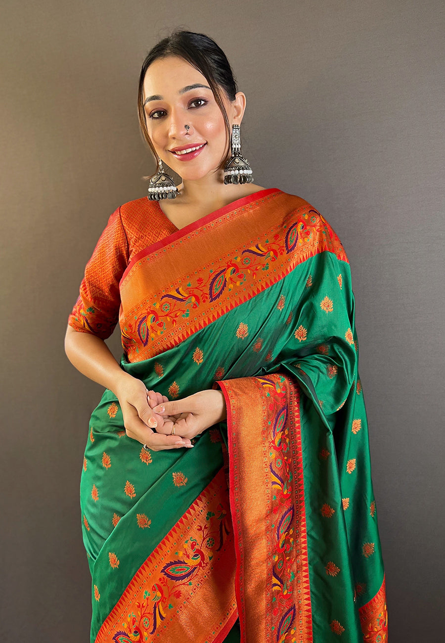 Green with Red Original Maharashtrian Meenakari Yeola Paithani Silk Zari Woven Saree