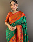 Green with Red Original Maharashtrian Meenakari Yeola Paithani Silk Zari Woven Saree