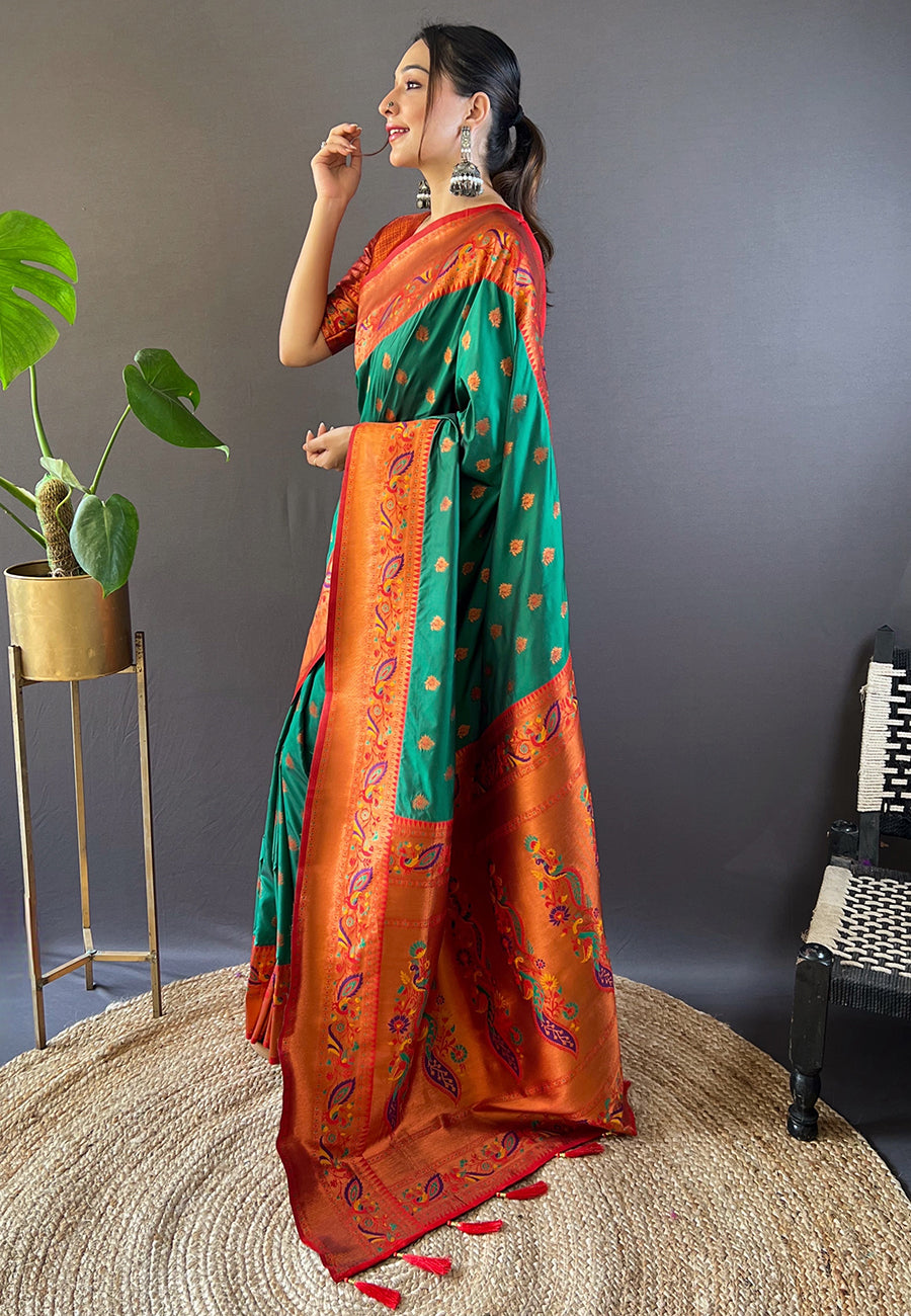 Green with Red Original Maharashtrian Meenakari Yeola Paithani Silk Zari Woven Saree