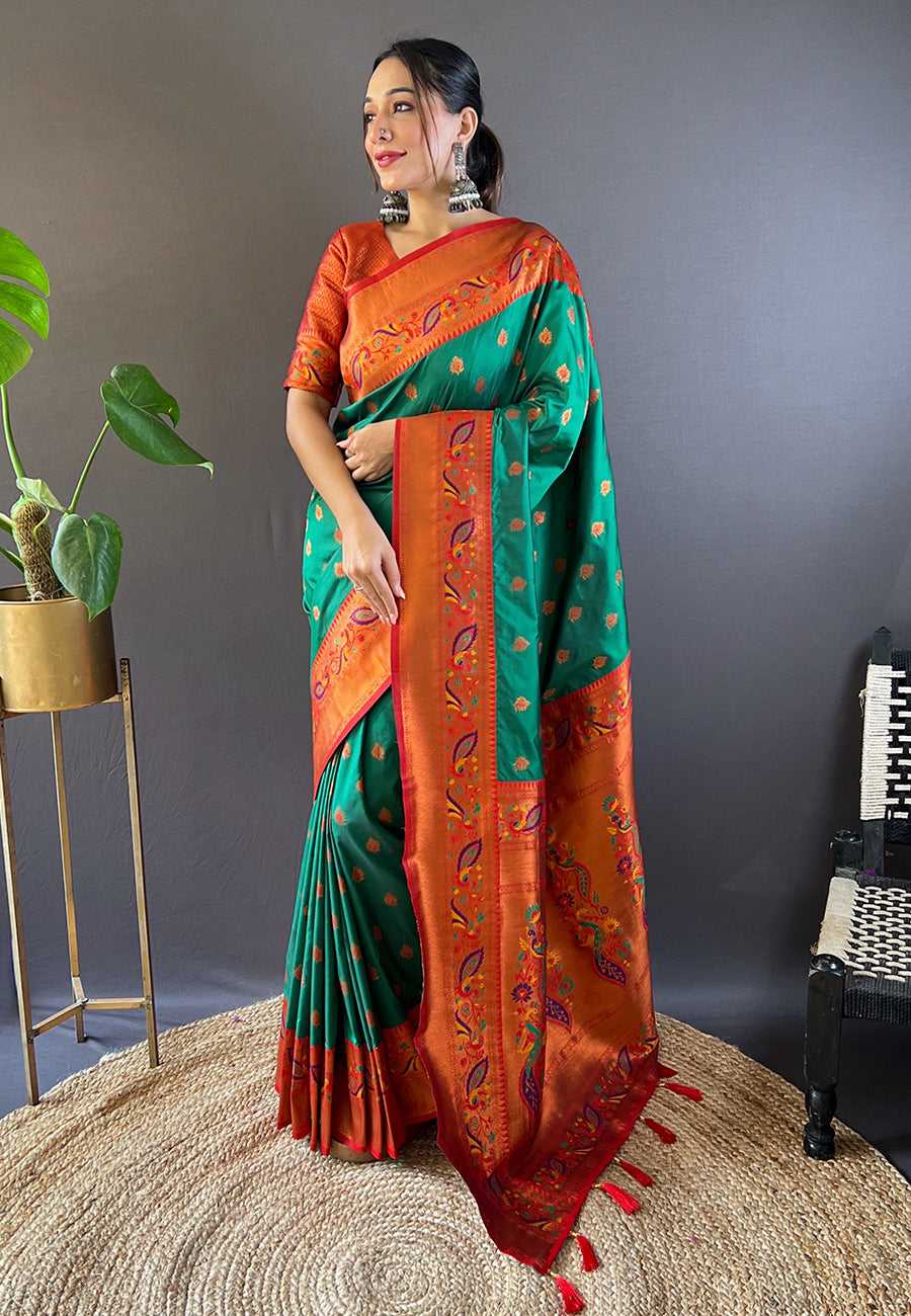 Green with Red Original Maharashtrian Meenakari Yeola Paithani Silk Zari Woven Saree