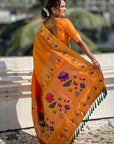 Orange Zari Woven Lotus Yeola Paithani Silk Saree