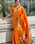 Orange Zari Woven Lotus Yeola Paithani Silk Saree