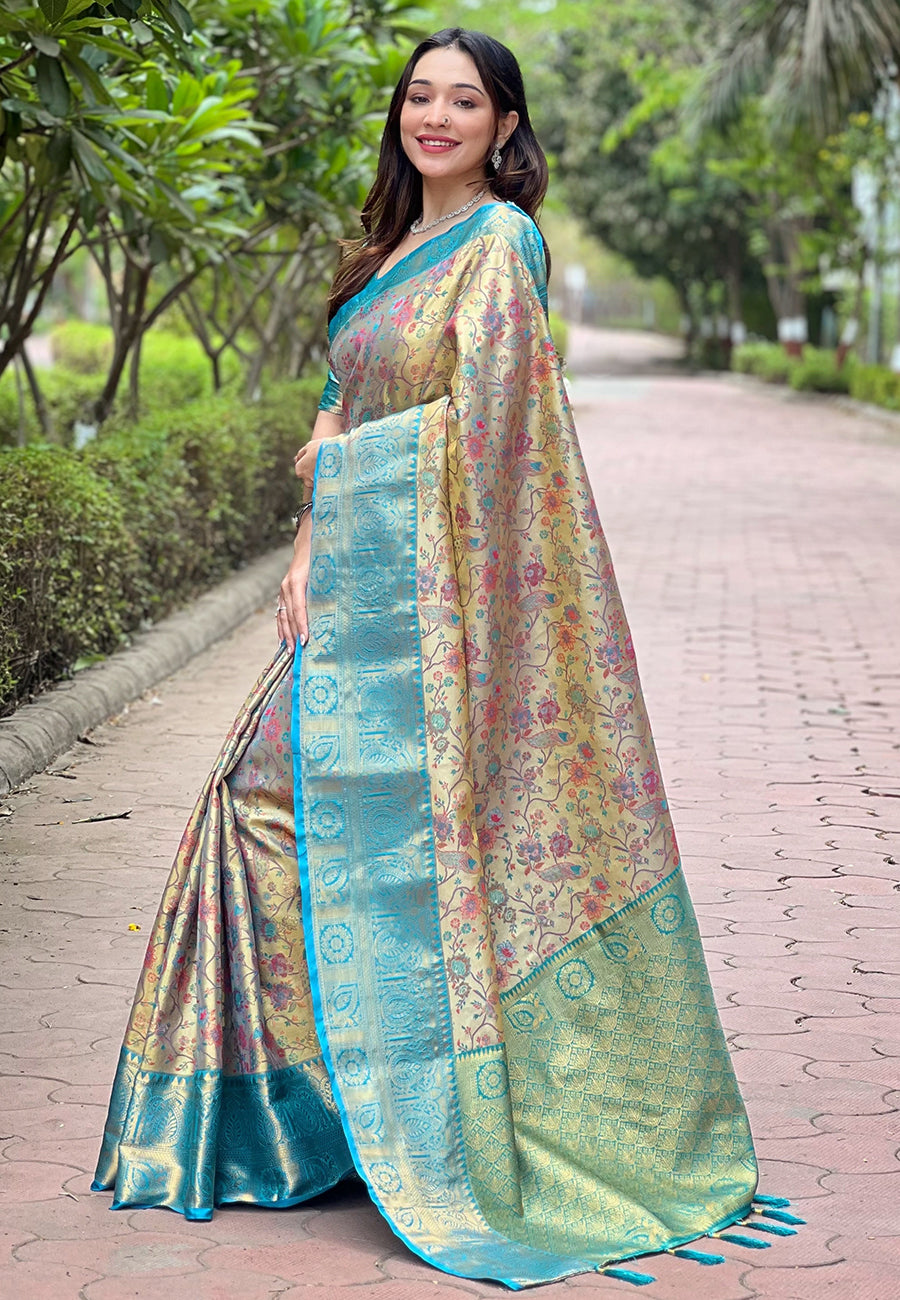 Sea Green Original Dharmavaram Silk Traditional Zari Woven Saree