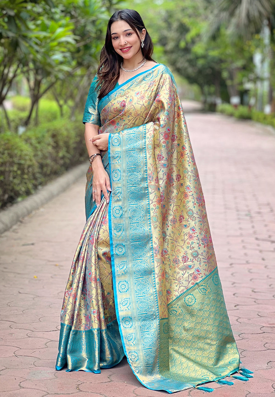 Sea Green Original Dharmavaram Silk Traditional Zari Woven Saree