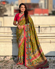 Mehendi Green Pure Viscose Silk Position Printed Darbari Saree