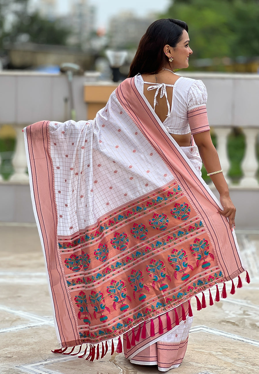 White Checks Paithani Silk Zari Woven Saree