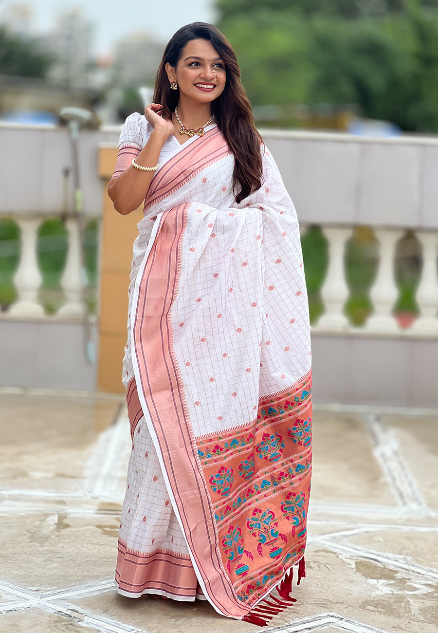 White Checks Paithani Silk Zari Woven Saree