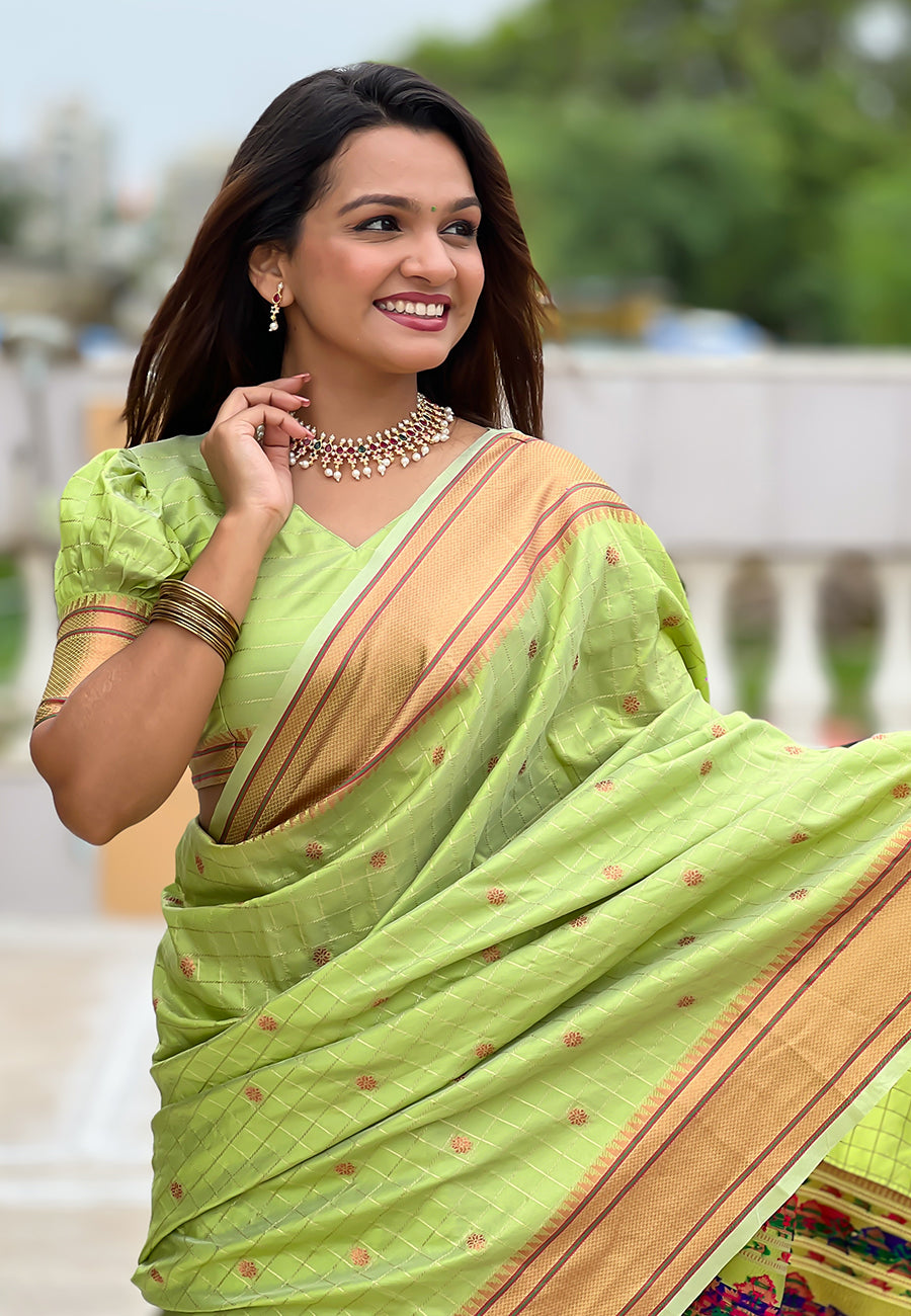 Pastel Green Checks Paithani Silk Zari Woven Saree