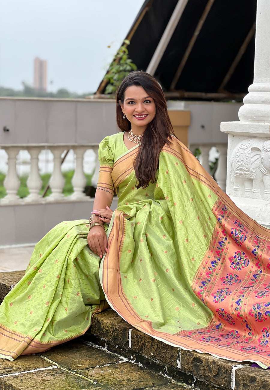 Pastel Green Checks Paithani Silk Zari Woven Saree