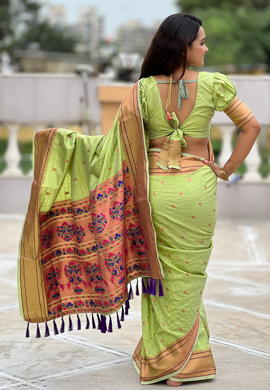 Pastel Green Checks Paithani Silk Zari Woven Saree