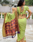 Pastel Green Checks Paithani Silk Zari Woven Saree