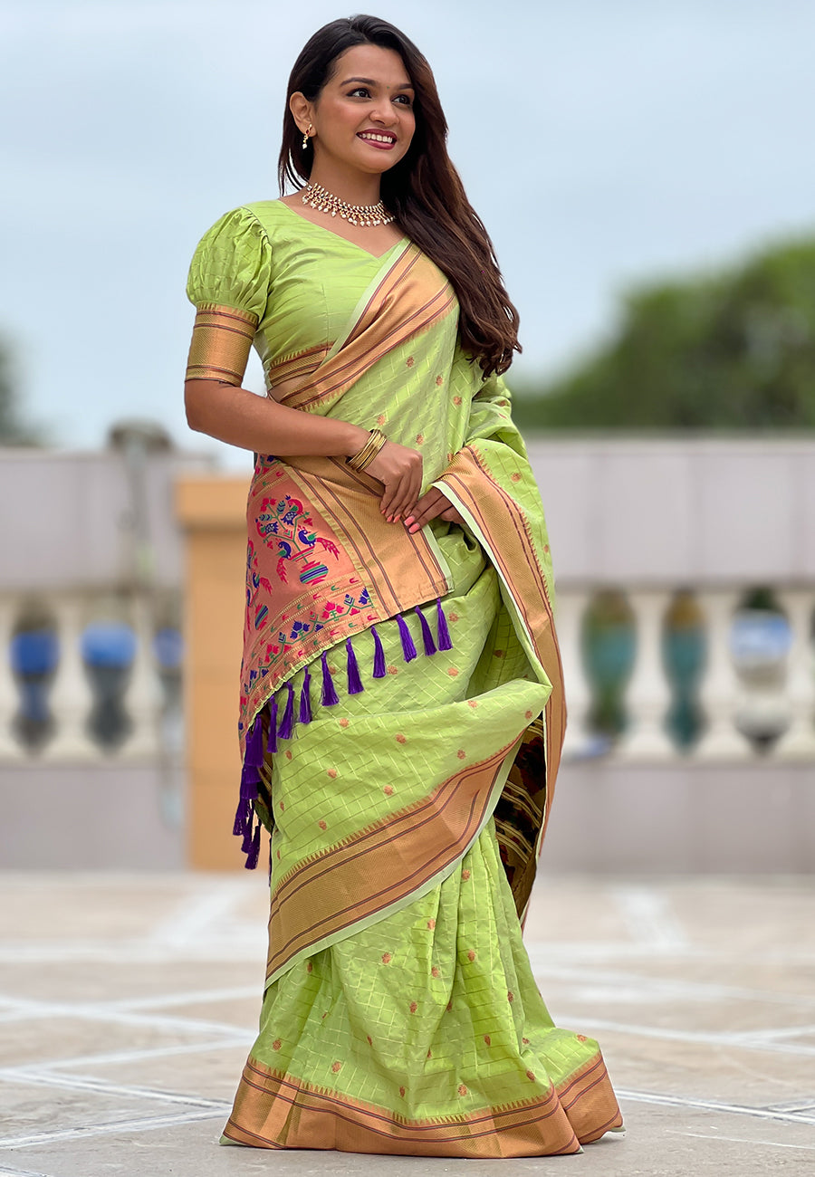 Pastel Green Checks Paithani Silk Zari Woven Saree